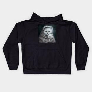 White British Shorthair Mother Cat And Her Kitten Kids Hoodie